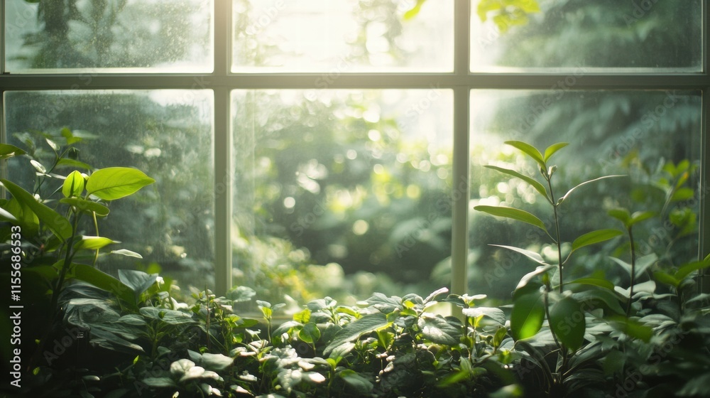 Poster bright garden visible from the window with lush greenery and sunlight filtering through at golden ho