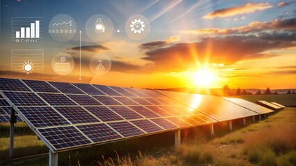 Solar panels at sunset with digital icons and growth statistics representing renewable energy