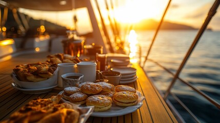 Obraz premium A sunset view on a boat with a spread of pastries and drinks.
