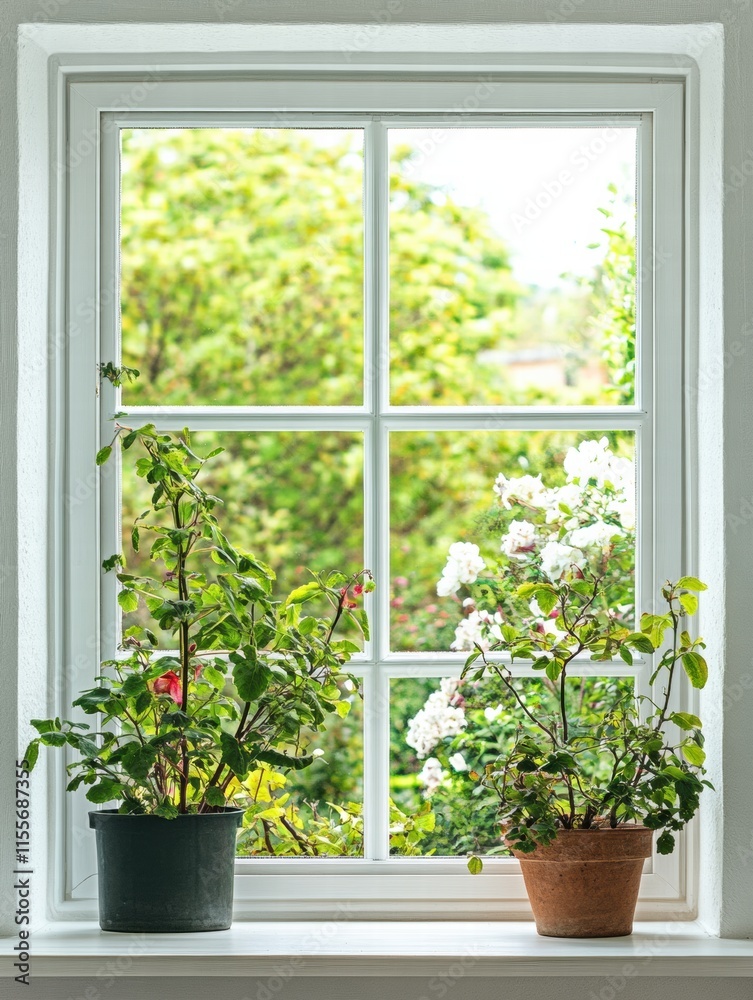 Poster bright garden view through a window with potted plants in a cozy indoor setting. generative ai