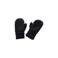 Black knitted winter mittens made from thick yarn white background