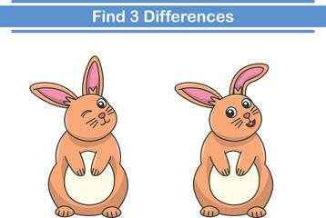 Education game for children find three differences between two rabbits animal cartoon. Vector illustration