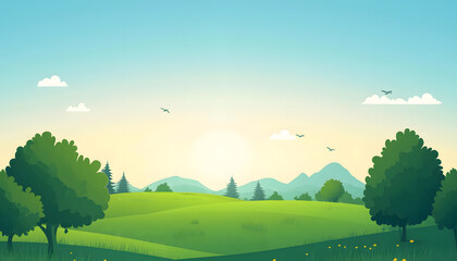 Obraz premium Serene Sunrise Over Rolling Green Hills And Trees