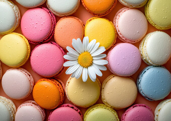Fototapeta premium Colorful display of macarons in various colors with daisy flower. This vibrant arrangement showcases delightful pastel shades, creating cheerful and inviting atmosphere