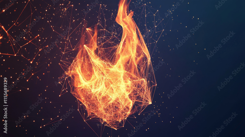 Poster the hologram is fire. fire from polygons, triangles of points and lines. fire icon is a low-poly com