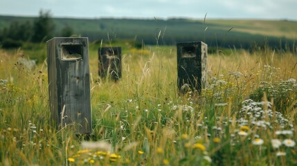 A set of speakers in an open grassland.