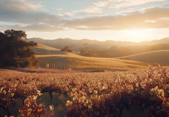 Serene Sunrise Over Rolling Vineyard Landscape with Golden Light Casting Shadows on Grapevines and Hills in Autumn Season