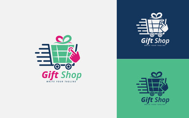 E-Commerce Logo Design. Online Shopping with Gift Box, Cart, Click Hand, and Delivery Vector.