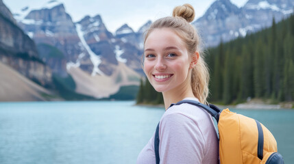 Fototapeta premium Caucasian woman in pastel wear hiking at Moraine Lake Banff National Park Canada