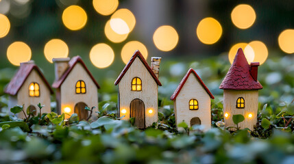 Obraz premium Miniature houses with warm lights at night.