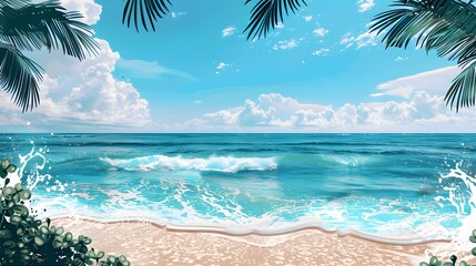 Fototapeta na wymiar Tranquil Beach Scene with Blue Sky and Gentle Ocean Waves