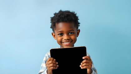 Cute african american kid boy holding digital tablet with blank black screen, recommending new app or website, mockup, professional photography. isolated with white shades
