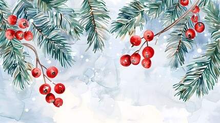 Winter Scene with Red Berries and Evergreen Branches in Snow