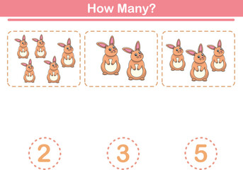 Counting game of rabbits for preschool kids. Printable. Vector Illustration