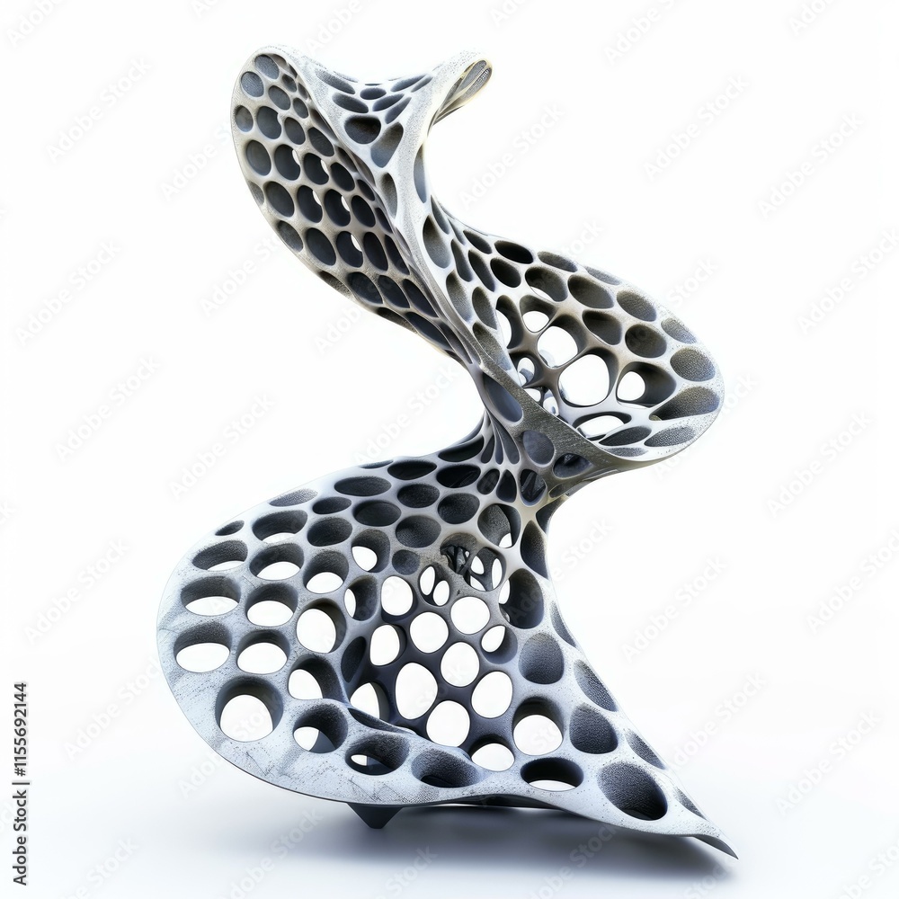 Poster rotating porous structure creating a spiral shape on white background