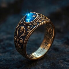 Cosmic blue gemstone in ornate golden ring on dark textured background
