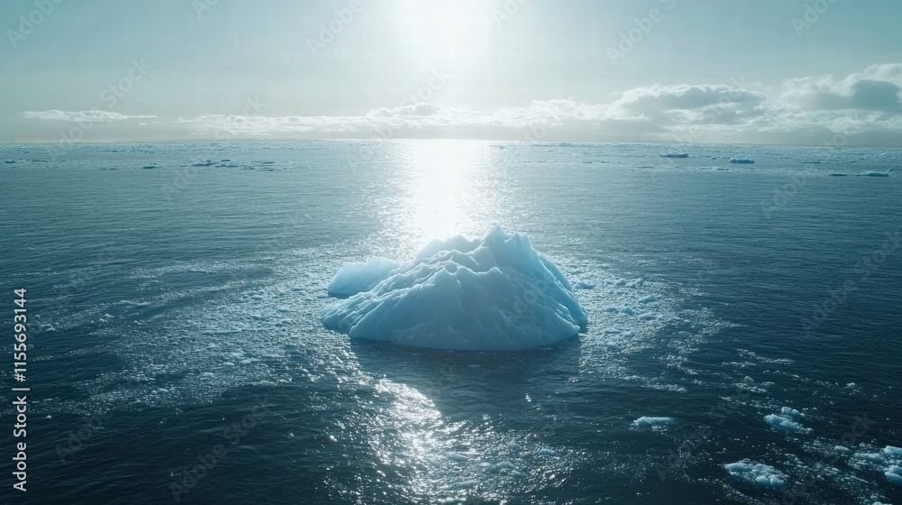 Poster melting iceberg floats in vast blue ocean under sunlight with clear sky. generative ai