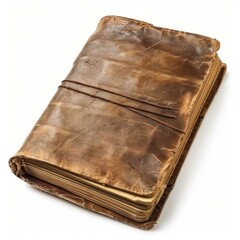 Antique leather bound book with aged pages and worn cover resting on a white background, evoking a sense of history and vintage charm