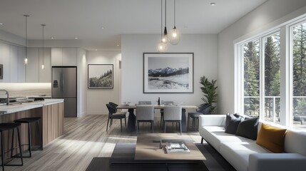 Fototapeta premium Open-concept living and dining space with linear wall-mounted lights providing ambient illumination, enhancing the minimalist aesthetic