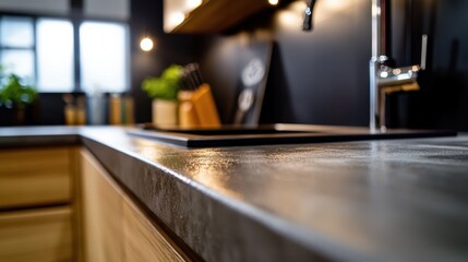 Modern minimalist kitchen with smooth concrete counter stylish interior culinary space cozy atmosphere contemporary design concept