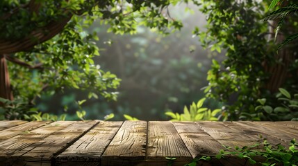 Serene Wooden Surface Surrounded by Lush Greenery in Forest Setting