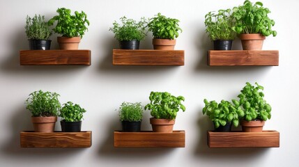 Fototapeta premium Minimalist kitchen counter with decorative wooden shelves indoor herb garden modern home simple aesthetic cozy atmosphere