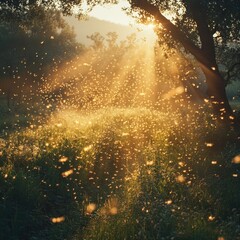 Golden hour sunlight beams through trees illuminating flying insects and plants.