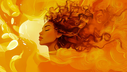 A beautiful woman with curly hair floats in the air, surrounded by golden clouds and abstract shapes, presented in a figure style.