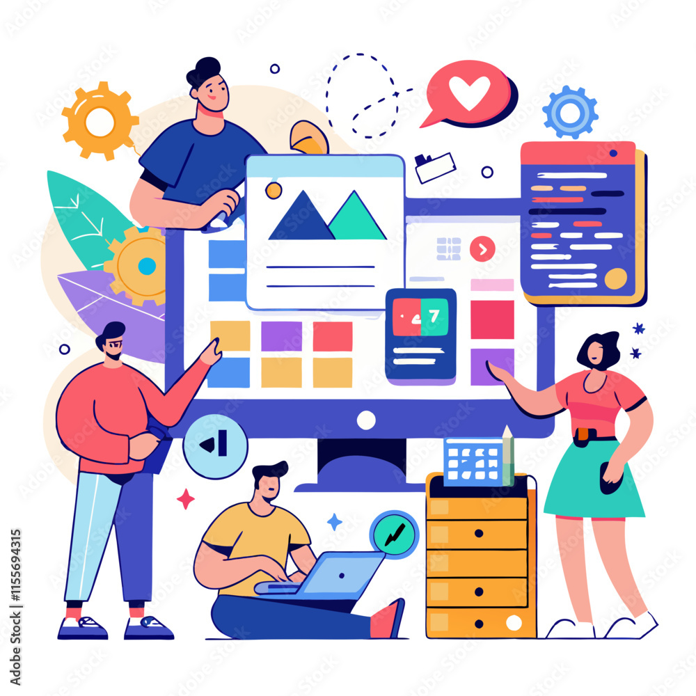 Poster designers create vibrant and engaging user interfaces in a collaborative workspace atmosphere