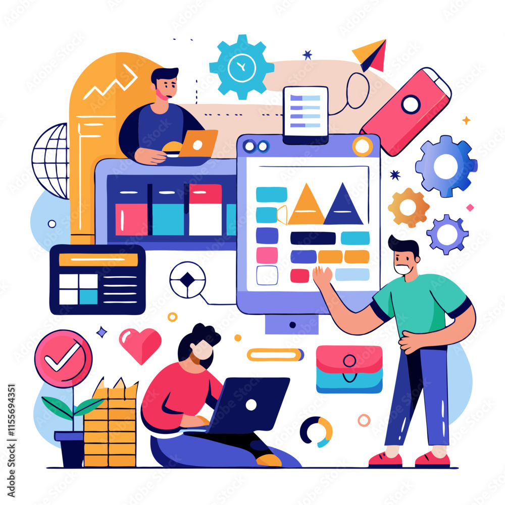 Poster designers create vibrant and innovative interfaces in a collaborative workspace with colorful elemen