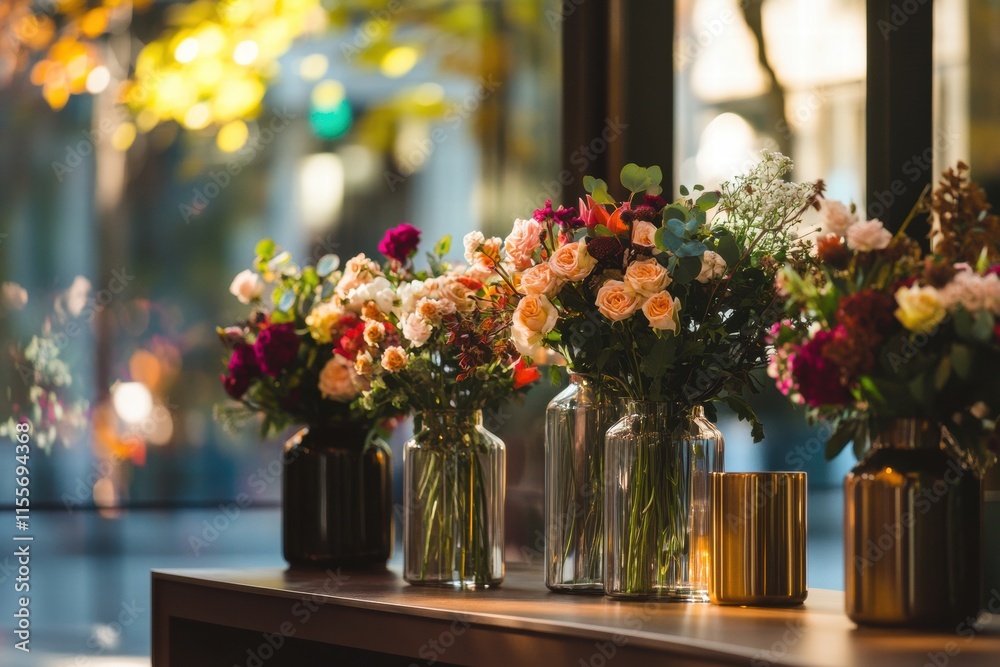 Poster stylish storefront display showcasing beautiful flower arrangements in glass vases during golden hou
