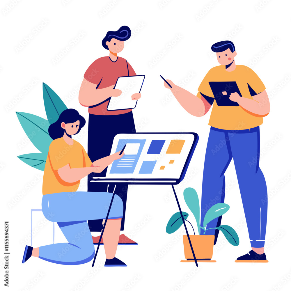 Poster designers collaboratively sketch wireframes and prototypes in a creative workspace during a project 