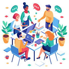 Designers collaborate at a round table with mockups and laptops during a creative brainstorming session