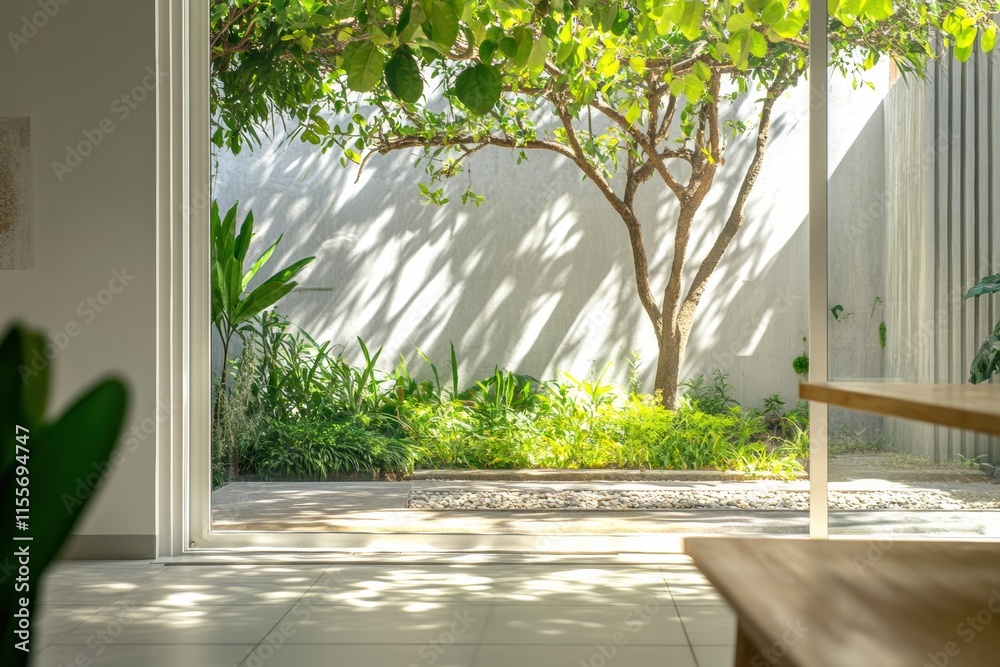 Fototapete bright garden view through spacious window with sunlight filtering through leaves. generative ai