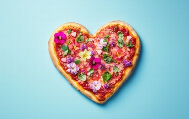 Fototapeta premium A heart-shaped pizza with vibrant pink sauce and edible flower toppings, artistically floating mid-air on a pastel blue background for Saint Valentines Day