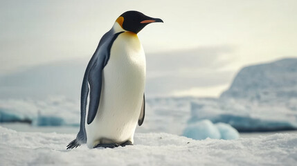 Majestic emperor penguin standing on snow covered ice, showcasing its striking black and white feathers against serene icy backdrop