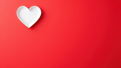 Top view of a heart-shaped white plate on a vibrant red paper background, empty space in the center for adding text or design, minimalist composition