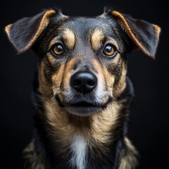 Alert dog portrait with expressive eyes against black background