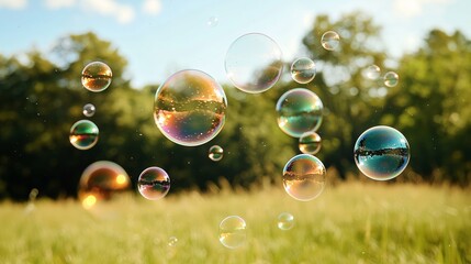 Colorful Soap Bubbles Floating in a Nature Field During Daylight