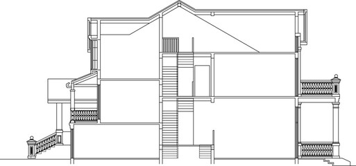 vector sketch illustration of the silhouette of a classic vintage ethnic house building design with a sloping roof.eps