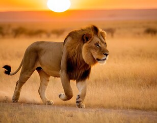 male angry lion in the wild running toward savannah wildlife concept