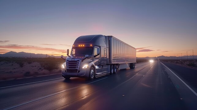 Freightliner Cascadia Semi-Truck on Desert Highway at Sunset