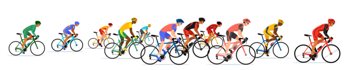 Crowd bike racers. Professional cyclists colorful vector illustration isolated on white background.