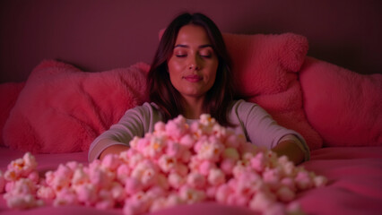 Serene Woman Relaxing in Bed with Pink Popcorn