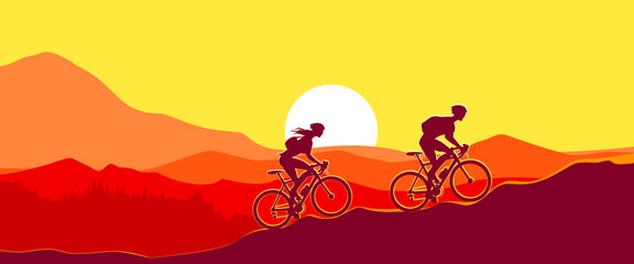 Two campers climbing the mountain by bicycle at sunset. Couple on bike silhouettes and twilight scenery	