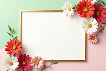 Fototapeta premium Beautiful Floral Border with Cosmos and Daisy Flowers on Pastel Background for Invitations and Greetings