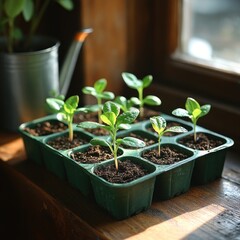 Seedlings in a tray on a windowsill.