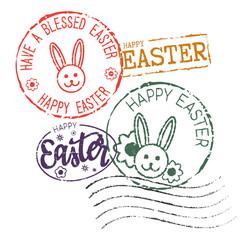 Postal rubber stamps HAPPY EASTER. Retro seals for letter envelopes, greeting cards, passport, parcels. 