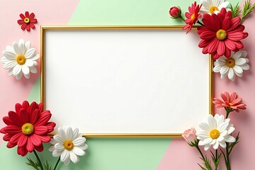 Beautiful Floral Border with Cosmos and Daisy Flowers on Pastel Background for Invitations and Greetings