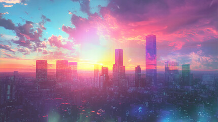 pixelated city skyline at dusk with vibrant colors and dramatic clouds
